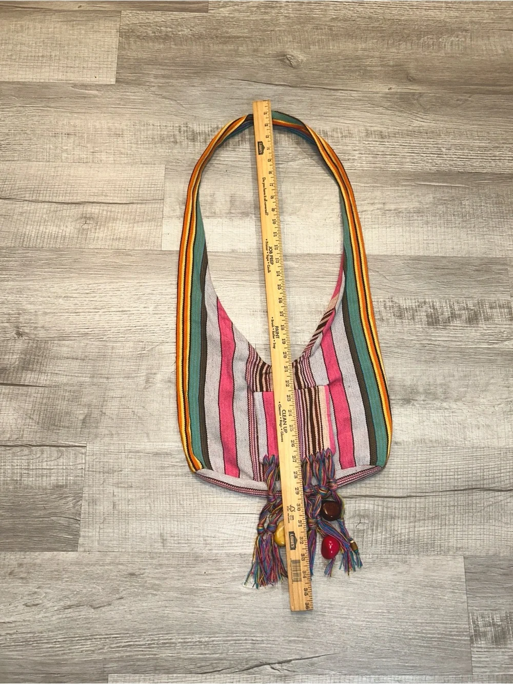 Boho Striped Retro Chic Cotton Beaded Tassel Sling Bag in Pink, Green & Yellow